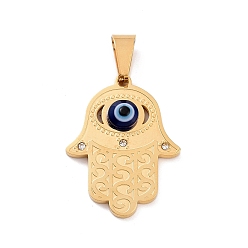 Golden Ion Plating(IP) 304 Stainless Steel Pendants, with Resin and Crystal Rhinestone, Hamsa Hand with Evil Eye, Golden, 30x23x5mm, Hole: 4x8mm