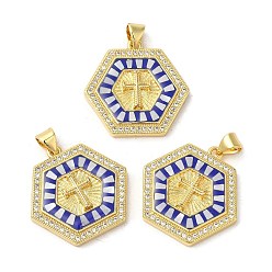 Полуночно-синий Латунные микропаве прозрачные подвески с фианитом, с эмалью и ракушкой, долговечный, без свинца и без кадмия, реальный 18 k позолоченный, шестиугольник с крестом, темно-синий, 24x24x4 мм, отверстие : 5x3.5 мм