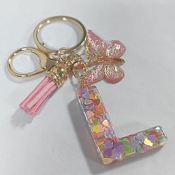 Letter L Acrylic and Resin Keychain, with Tassel, Alloy Rings, Butterfly, 10.02cm, Pendant: 23~43mm
