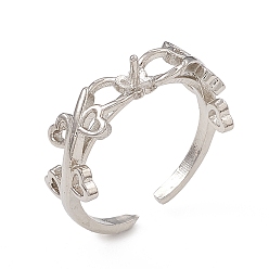 Platinum Rack Plating Brass Open Cuff Ring Settings, for Half-drilled Beads, Long-Lasting Plated, Heart Leaf, Platinum, Inner Diameter: 18mm