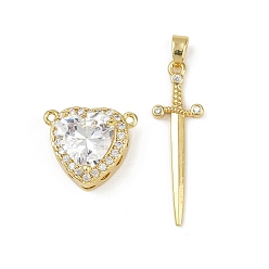 Прозрачный Комплекты подвесок из латунного микропаве из кубического циркония, подвески меч и сердце, со стеклом, долговечный, без кадмия и без свинца, стойки покрытие, реальный 18 k позолоченный, прозрачные, Сердце: 14.5x17x9 mm, отверстие : 1.2 мм