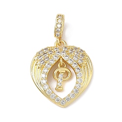 Letter P Латунные микропаве прозрачные подвески с фианитом, крыло с буквенными подвесками, без свинца и без кадмия, долговечный, стойки покрытие, реальный 18 k позолоченный, Письмо P, 20.5x18x3.5 мм, отверстие : 4.5x3.5 мм