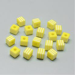 Yellow Opaque Stripe Resin Beads, Cube, Yellow, 8x8x8mm, Hole: 2mm