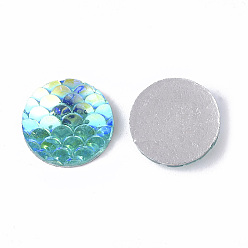 Dark Turquoise Resin Cabochons, AB-Color, Flat Round with Mermaid Fish Scale, Dark Turquoise, 12x3mm