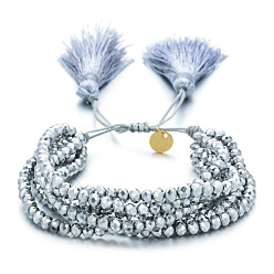 Серебро Браслеты из граненых стеклянных бусин, регулируемые плетеные многорядные браслеты с кисточками для женщин, серебряные