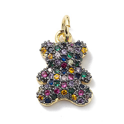 Colorful Rack Plating Brass Micro Pave Cubic Zirconia Charms, Lead Free & Cadmium Free, Bear Charm, Real 18K Gold Plated, with Jump Ring, Colorful, 15x10x3.5mm, Hole: 3mm