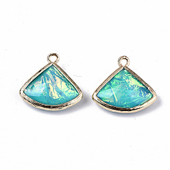 Medium Turquoise Resin Pendants, Imitation Opal, with Brass Findings, Triangle, Golden, Medium Turquoise, 18x19x5.5~6mm, Hole: 1.4mm