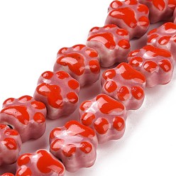 Rouge Indien Chapelets de perles en porcelaine manuels, empreintes de pattes de chat, rouge indien, 13.5x15x10mm, Trou: 1.5mm, Environ 25 pcs/chapelet, 12.99'' (33 cm)