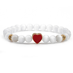 Red heart Natural Stone Bracelet with European and American Style White Cat's Eye Beads - Love-themed Design
