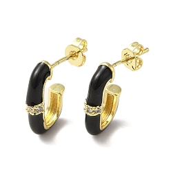 Black Real 18K Gold Plated Brass Oval Stud Earrings, Half Hoop Earrings with Enamel and Cubic Zirconia, Black, 17x3.5mm