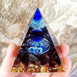 Natural Agate Orgonite Pyramid Resin Display Decorations, with Natural Agate Chips and Buddha Inside, for Home Office Desk, 60x60mm