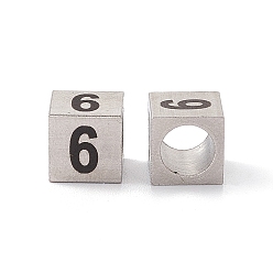 Number 303 Stainless Steel European Beads, Large Hole Beads, Cube with Number, Stainless Steel Color, Num.6, 7x7x7mm, Hole: 5mm