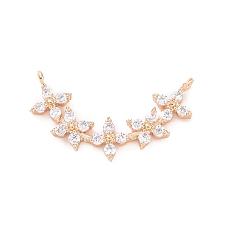 Light Gold Brass Pave Clear Cubic Zirconia Connector Charms, Flower Links, Light Gold, 15.5x28x3mm, Hole: 1.2mm