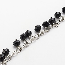 Black Handmade Faceted Rondelle Glass Beads Chains for Necklaces Bracelets Making, with Iron Cable Chains and Eye Pin, Unwelded, Black, 39.3, about 94pcs/strand