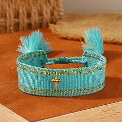 Turquoise Cross Embroidered Tassel Cloth Woven Braid Bracelet, Turquoise, Inner Diameter: 2-1/8~2-5/8 inch(5.5~6.8cm)