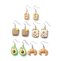 Mixed Color Bread & Fruit Shape Resin Dangle Earring, Brass Earring Jewelry for Women, Mixed Color, 38~44.5mm, Pin: 0.7mm