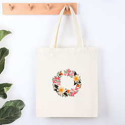 Flower DIY Bohemian Style Canvas Tote Bag Embroidery Starter Kits, including White Cotton Fabric Bag, Embroidery Hoop, Needle, Threads, Flower Pattern, 400x300mm
