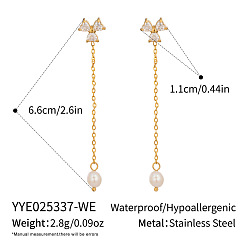 Прозрачный 304 серьги-гвоздики с кисточками из нержавеющей стали с кубическим цирконием, с имитацией жемчуга, реальный 18 k позолоченный, прозрачные, 66x11 мм