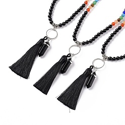 Obsidian Natural Obsidian Bullet & Tassel Pendant Necklace with Mixed Gemstone Beaded Chains, Chakra Yoga Jewelry for Women, 25.98 inch(66cm)