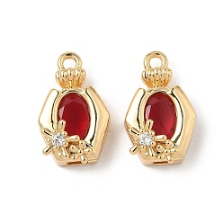 Красный Латунные микро проложить кубического циркония подвески, овальные с цветком, реальный 18 k позолоченный, красные, 17x10.5x6.5 мм, отверстие : 1.6 мм