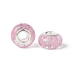 Pearl Pink Rondelle Resin European Beads, Large Hole Beads, with Glitter Powder and Platinum Tone Brass Double Cores, Pearl Pink, 13.5x8mm, Hole: 5mm