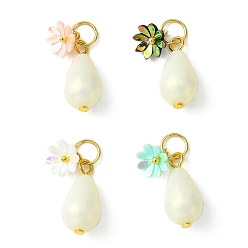 Mixed Color Acrylic Flower & ABS Plastic Imitation Pearl Pendant, with 304 Stainless Steel Jump Rings, Teardrop Charms, Mixed Color, 20x10x9.5~10mm, Hole: 5.5mm