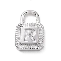 Letter R Eco-friendly Rack Plating Brass Pendants, Cadmium Free & Lead Free, Long-Lasting Plated, Lock with Alphabet, Platinum, Letter.R, 15x10x3mm, Hole: 3.5x4mm