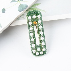 Green Rectangle Glitter Acrylic No Bend Alligator Hair Clips for Women, No Crease Curl Pins, with Rhinestone & Plastic Imitation Pearls, Green, 61x19mm