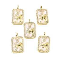 Телец Подвески из латуни микропаве с фианитами и эмалью, созвездие с прямоугольником, стойки покрытие, долговечный, без свинца и без кадмия, реальный 18 k позолоченный, Телец, 25x14.5x4 мм, отверстие : 3.5x2.5 мм