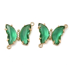 Medium Sea Green Brass Pave Faceted Glass Connector Charms, Golden Tone Butterfly Links, Medium Sea Green, 20x22x5mm, Hole: 1.2mm
