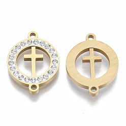 Golden 201 Stainless Steel Links connectors, with Polymer Clay Crystal Rhinestone, for Religion, Flat Round with Cross, Golden, 20x15x2.5mm, Hole: 1.6mm