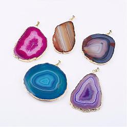 Mixed Color Natural Agate Big Pendants, with Brass Findings, Nuggets, Golden, Mixed Color, 59~91x32~65x3~6mm, Hole: 5x7mm