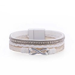 Белый Трехслойный кожаный браслет в форме отпуска со стразами в богемном стиле - этнический, преувеличенный, белые, 8 дюйм (7-5/8x1/2 см)