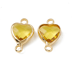 Lt.Col.Topaz Transparent K9 Glass Connector Charms, Heart Links, with Light Gold Tone Brass Findings, Lt.Col.Topaz, 14x8.5x3.7mm, Hole: 1.8mm