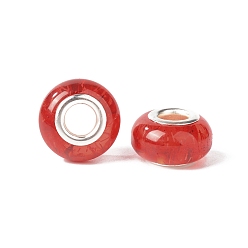 Red Rondelle Resin European Beads, Large Hole Beads, with Glitter Powder and Platinum Tone Brass Double Cores, Red, 13.5x8mm, Hole: 5mm