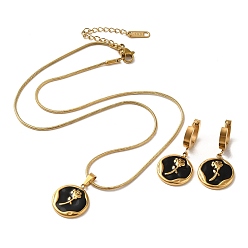 Black Flower Golden 304 Stainless Steel Jewelry Set with Enamel, Dangle Hoop Earrings and Pendant Necklace, Black, Necklaces: 402mm; Earring: 33x16mm
