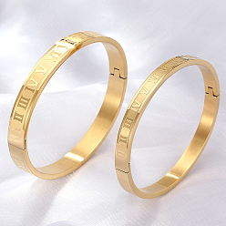 Real 18K Gold Plated 2Pcs 2 Style Stainless Steel Hinged Bangles for Women, Roman Number Bangle, Real 18K Gold Plated, Inner Diameter: 2-3/8 inch(6cm) & 2-1/2 inch(6.5cm), 1pc/style