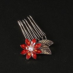 Siam Flower Alloy Rhinestone Hair Combs, Hair Accessories for Women and Girls, Siam, 43.6x26mm