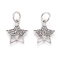 Antique Silver Tibetan Style Alloy Pendants, Star with Tree of Life, Antique Silver, 23x21x1mm, Hole: 7mm