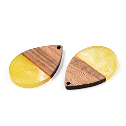 Yellow Transparent Resin & Walnut Wood Pendants, Teardrop Charms, Yellow, 36x24.5x3.5mm, Hole: 2mm