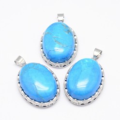 Synthetic Turquoise Synthetic Turquoise Pendants, with Brass Findings, Oval, Platinum, 30x21x10~11mm, Hole: 6x4mm