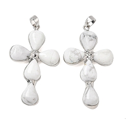 Howlite Natural Howlite Pendants, Cross Charms, with Platinum Tone Brass Findings, 38~41x22.5~23.5x5.5~6mm, Hole: 5.5x3.5mm