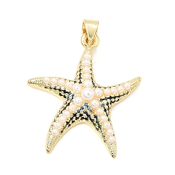 Marine Blue Brass Micro Pave Cubic Zirconia Pendants, with ABS Plastic Imitation Pearl, Starfish Charms, Rack Plating, Long-Lasting Plated, Cadmium Free & Lead Free, Real 18K Gold Plated, Marine Blue, 30x26x6.5mm, Hole: 4x3.3mm