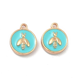 Cyan Alloy Enamel Charms, Light Gold, Flat Round with Bee, Cyan, 14~14.5x11.5x3.5mm, Hole: 1.6mm
