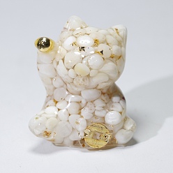 White Shell Chip & Resin Craft Display Decorations, Lucky Cat Figurine, for Home Feng Shui Ornament, White, 63x55x45mm