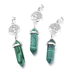 Malachite Synthetic Malachite Pointed Big Pendants, with Platinum Plated Brass Findings, Faceted, Bullet & Tree of Life, 59~67x14~15mm, Hole: 7x5mm