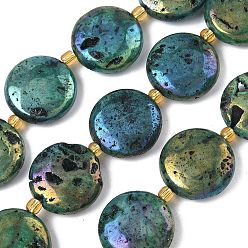 Темно-бирюзовый Гальванические природные друзы геод, плоско-круглые, с бисером, темные бирюзовый, 20x7~7.5 мм, отверстие : 0.9~1 мм, около 9 шт / нитка, 8.03'' (20.4 см)