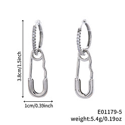 Серебро Геометрическая скрепка латунная прозрачная кубическая циркония брошь серьги-кольца, День святого Валентина, серебряные, 38x10 мм