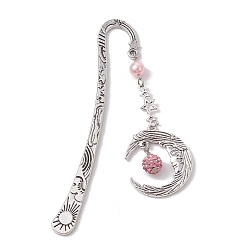 Pale Violet Red Alloy Moon Pendant Bookmark, Tibetan Style Alloy Hook Bookmarks, with Glass Pearl, Pale Violet Red, 112mm