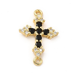 Black Eco-Friendly Rack Plating Brass Pave Cubic Zirconia Connector Charms, Lead Free & Cadmium Free, Real 18K Gold Plated, Religion Cross Links, Black, 24.5x16.5x3.5mm, Hole: 1.4~1.5mm